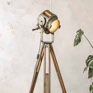 A.E. Cremer Paris Industrial Theater Stehlampe, braune 1950er Jahre Filmprojektion auf hölzernem Übersichtsstativ, Loftbeleuchtung, French Antique Spotlight