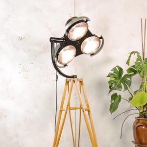 May include: A black and silver spotlight lamp with three bright lights, mounted on a wooden tripod base. The lamp is angled towards the viewer, with a power cord visible. A potted plant is in the background.