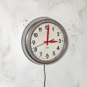 Vintage Industrial Wall Clock by Peter Behrens, Restored 1960s AEG, Polished Steel Patina, Red Hands, Factory Loft Interior Decor