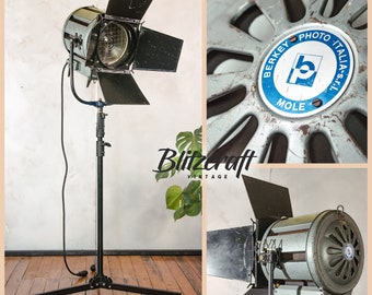 Retro Berkey Italia (Mole Richardson) Cinema Spotlight on Rolling Manfrotto Lightstand | Hollywood Film lighting - Cool Restaurant Floorlamp