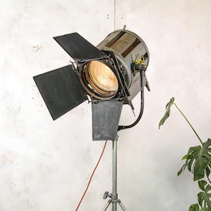 May include: A black and silver studio lighting fixture with a large reflector and adjustable wings. The light is mounted on a tripod stand.