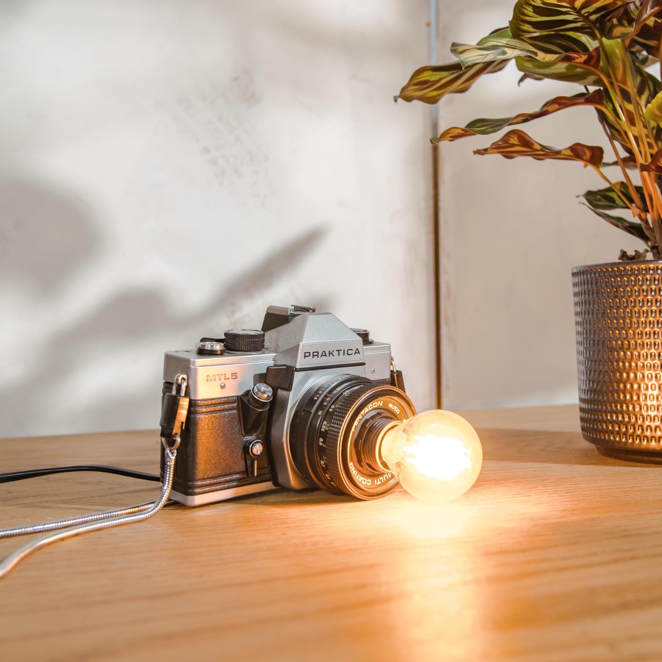 Vintage Camera Lamp Praktica MTL5  with Pentacon 50mm Lens, Upcycled Desk or Wall Light, Industrial LED Lighting with Vintage Charm