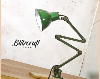 Vintage industrial 4 arm Work lamp by EDL, Rustic Green 1950s Machinist Lamp with original labels, Workshop Desk lamp, Enamel Lamp shade