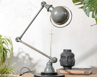 Jieldé Desk Lamp 2 Arm 1950s, French Factory Style Articulating Jielde Table light, Gray Industrial office Lighting