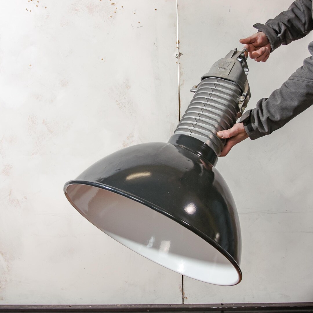 Vintage Philips HDK Series Industrial Pendant Light, Black Enamel