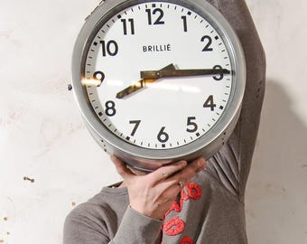 Vintage Brillié Double Sided French Station Clock, 32cm Industrial