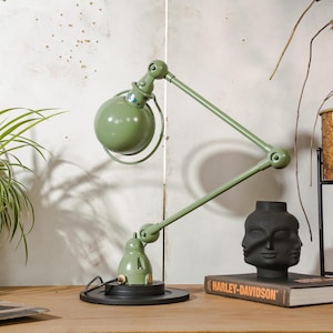 Vintage Green Jieldé Desk Lamp, 2 Arms 1950s, French Industrial Style Articulating Jielde Table light, with original Electrical Box