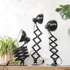 Puede incluir: Tres lámparas de escritorio negras ajustables con un brazo telescópico y una base de abrazadera. Las lámparas tienen un interior blanco y están colocadas sobre una superficie de madera.