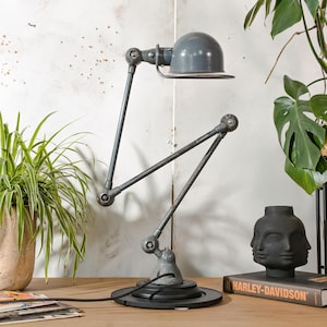 Vintage Gray Blue Jielde Industrial Table Lamp with 3 Adjustable Arms on Brake disc, 1950s Jieldé French Design by Jean-Louis Domecq