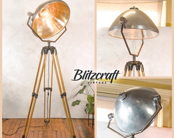 Large Vintage Surgical lamp on XXL Wooden adjustable Tripod - Unique upcycled operating light - 1950s Medical industrial Floor lamp