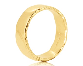 Dart - 18ct yellow gold organic textured 6.5mm wide molten wedding ring, recycled gold band, ethical UK made, solid gold ring