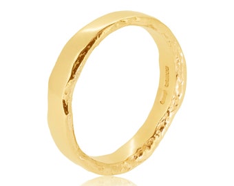 Sid - eco 18ct yellow gold organic textured molten wedding ring, recycled gold band, traditional with contemporary edge, solid gold ring