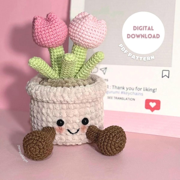 Wzór na szydełkową doniczkę, szydełkowanie inspirowane Jellycat, wzór na szydełkowe tulipany, szydełkowanie wiosenne, uroczy kwiat Jellycat, po angielsku, TYLKO WZÓR