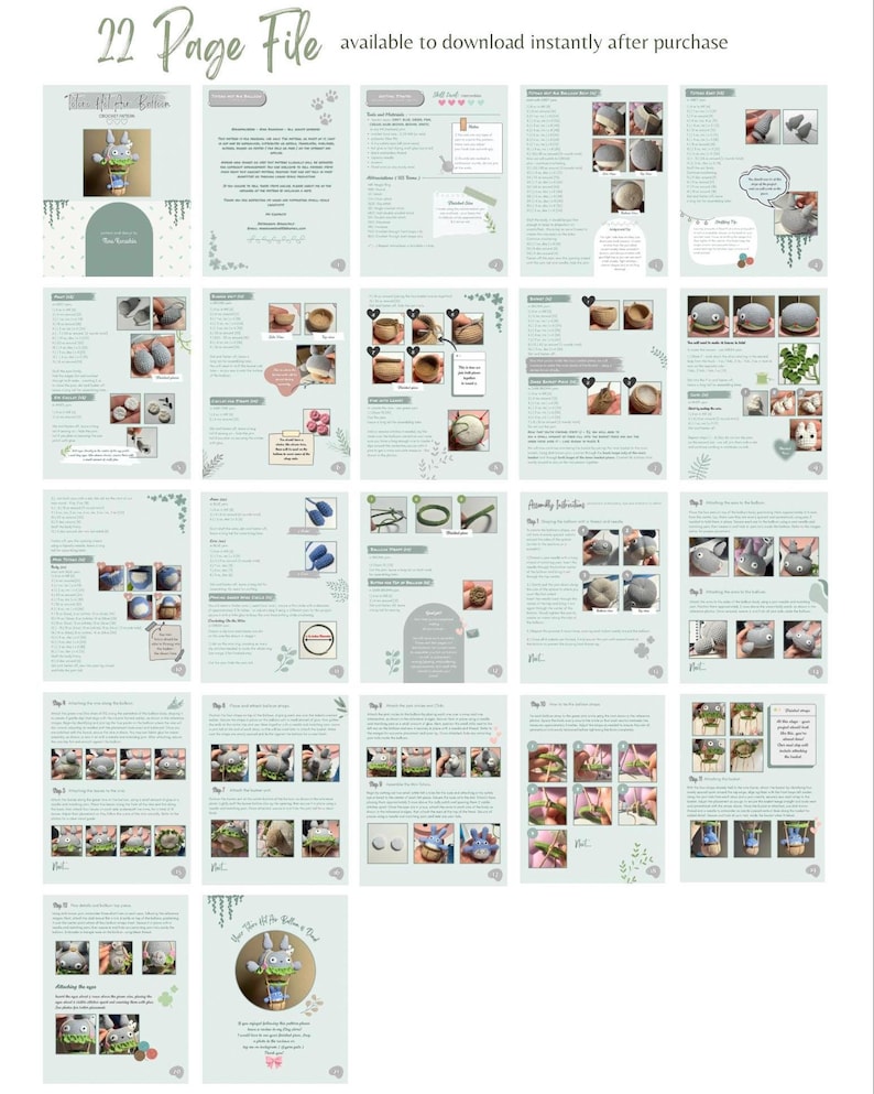 May include: A 22-page digital file with instructions for a craft project. The pages are light green with illustrations and text. The title is "Totoro Alpha Pattern". The file is available to download instantly after purchase.