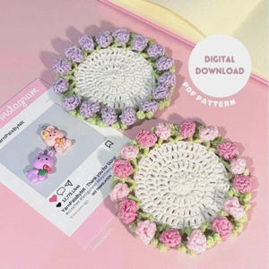 Rosa Untersetzer Häkelanleitung, Frühlings-Häkelanleitung, Blumen häkeln, Blumenstrauß Häkelanleitung, süßes Amigurumi, in Englisch, NUR MUSTER