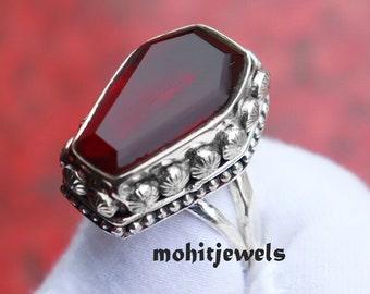 Natural Red Garnet Coffin Ring, Handmade Work Ring, Solid 925 Sterling Silver Ring, Garnet Gemstone, Designer Ring, January Birthstone