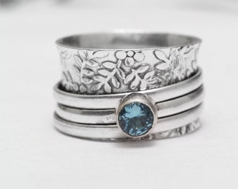 Blue Topaz Ring, Spinner Ring, Band Ring, 925 Silver Ring, Handmade Ring, Natural Blue Topaz, Gemstone Ring, Stackable Ring, Boho Ring