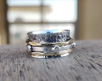 Spinner Ring-Handcrafted Band Ring-Sterling Solid Silver Spinner Ring- Mixed Metal Spinner Ring- Two Tone Spinner Band Ring Gift For Girls