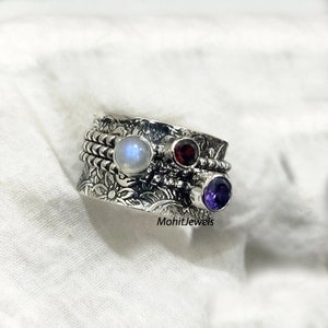 Moonstone Ring, Spinner Ring, Garnet Ring, Amethyst Ring, 925 Silver Ring, Gemstone Ring, Spinner Jewelry, Women Ring, Three Stone Ring