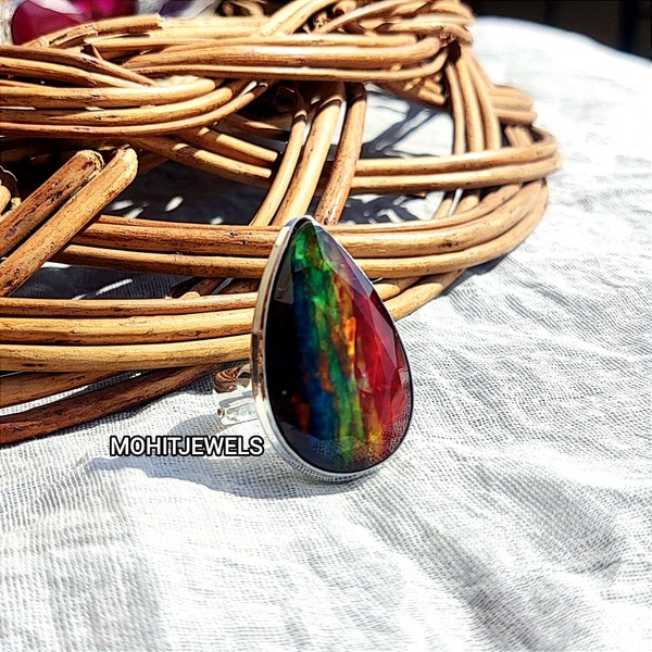 Organic Ammolite Ring, Natural Ammolite, 925 Sterling Silver Ring, Handmade Ring, Women Ring, Rainbow Ammolite Ring, Dainty Ring, Boho Ring