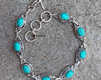 Turquoise Bracelet, Chain Bracelet, December Birthstone, Sterling Silver Bracelet, Natural Turquoise, Gemstone Bracelet, Handmade Bracelet