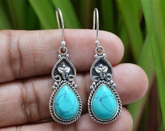 Turquoise Earring-Pear Design Silver Earring-Cabochon Earring-Dangle Earring-Blue Stone Earring-Adorable Jewelry-Anxiety-Anniversary-Gift