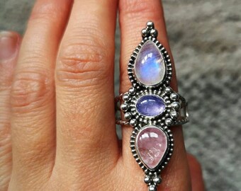 Natural Moonstone, 925 Silver Ring, Amethyst Ring, Rose Quartz Ring, Statement Ring, Women Ring, Rainbow Moonstone, Blue Fire Stone