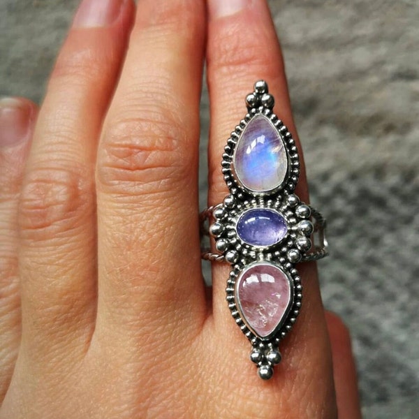 Natural Moonstone, 925 Silver Ring, Amethyst Ring, Rose Quartz Ring, Statement Ring, Women Ring, Rainbow Moonstone, Blue Fire Stone