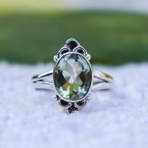 Natural Green Amethyst Ring, 925 Silver Ring, Gift For Her, Engagement Ring, Statement Ring, Boho Ring, Concave Cut Ring, Stackable Ring