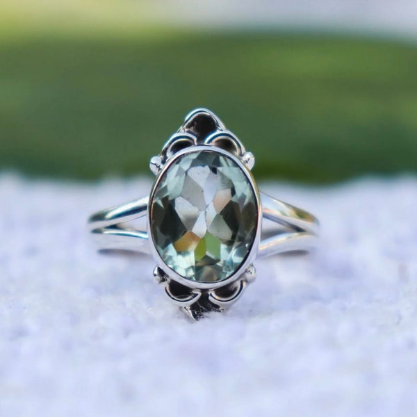 Natural Green Amethyst Ring, 925 Silver Ring, Gift For Her, Engagement Ring, Statement Ring, Boho Ring, Concave Cut Ring, Stackable Ring