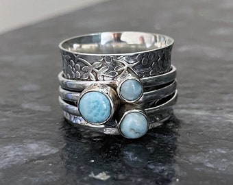 Larimar Spinner Ring, 925 Sterling Silver Ring, Fidget Ring, Handmade Ring, Designer Ring ,Moonstone Ring ,Beautiful Ring, Blue Topaz Ring