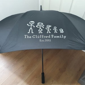 May include: A black umbrella with a white stick figure family design and the text "The Clifford Family Est. 2011".
