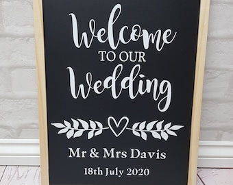 Personalised Wedding Signs, Custom Chalkboard signs, Welcome, Photo Booth, Cards & Gifts, White Vinyl Text, Optional Easel, 30x40cm