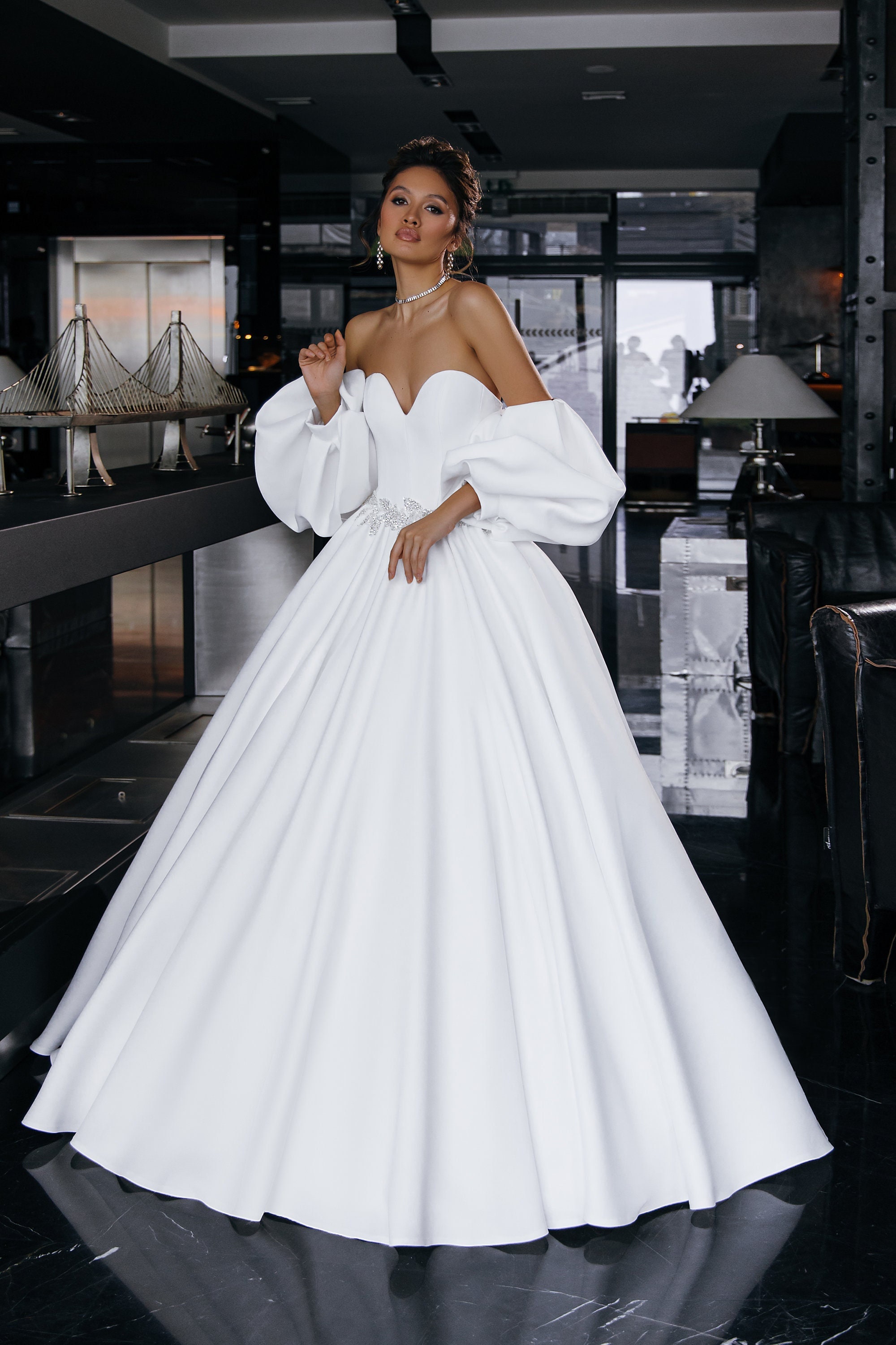 off the shoulder puffy sleeve wedding dress