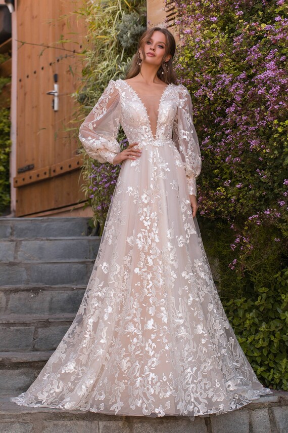 Floral Lace Long Sleeves Wedding Dress teja Bridal | Etsy
