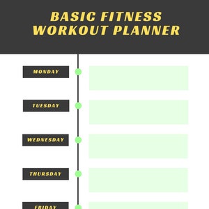 Peut inclure: Un planificateur d'entraînement physique imprimable noir et blanc avec le texte "BASIC FITNESS WORKOUT PLANNER" en haut. Le planificateur comporte une colonne pour chaque jour de la semaine : lundi, mardi, mercredi, jeudi, vendredi et samedi.