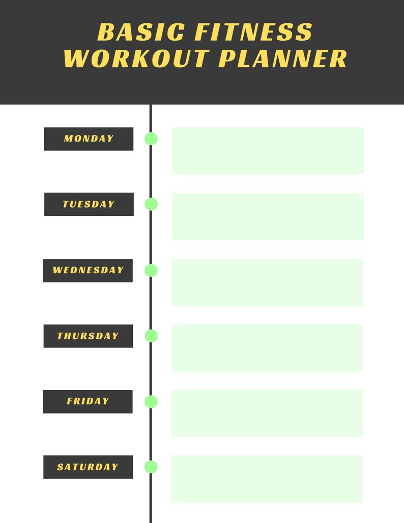 May include: A black and white printable fitness workout planner with the text "BASIC FITNESS WORKOUT PLANNER" at the top. The planner has a column for each day of the week: Monday, Tuesday, Wednesday, Thursday, Friday, and Saturday.