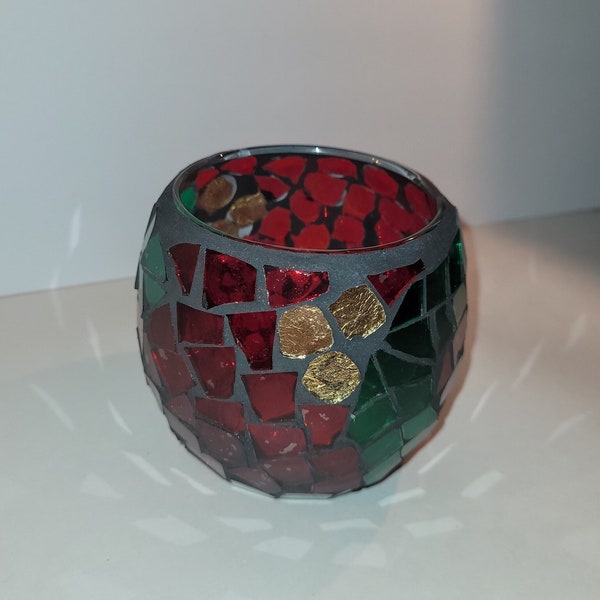 Mosaic holly berry votive candle holder