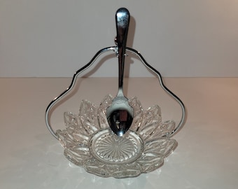 Chrome and glass condiment server dish w/spoon