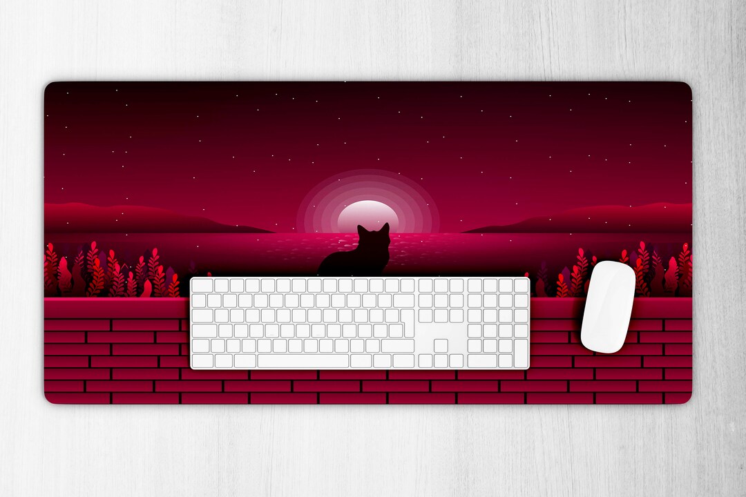 Pink Cat Desk Mat, Landscape Desk Mat, Pink Desk Mat, Moon Desk Mat
