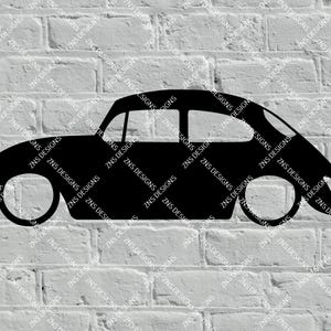 May include: A black silhouette of a classic rounded car with a curved roofline, two circular wheel cutouts, and a distinct rear bumper, presented as a flat graphic design element against a white brick wall background with a repeating watermark.
