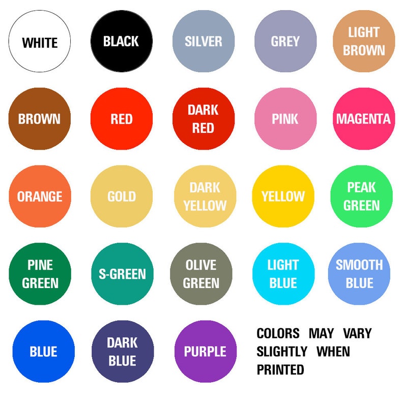 Op de afbeelding: Een kleurenkaart met 25 kleurstalen met de namen van elke kleur in wit geschreven. De kleuren omvatten wit, zwart, zilver, grijs, lichtbruin, bruin, rood, donkerrood, roze, magenta, oranje, goud, donkergeel, geel, felgroen, dennen groen, donkergroen, olijfgroen, lichtblauw, glad blauw, blauw, donkerblauw, paars. De tekst onderaan de kaart luidt "Kleuren kunnen enigszins afwijken bij het afdrukken."