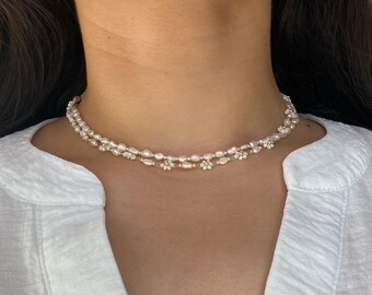 Pearl Bracelet, Pearl Necklace, Beaded Daisy Bracelet, Gift For Her, Bridal Accessories, Friendship Bracelet, Handmade in UK