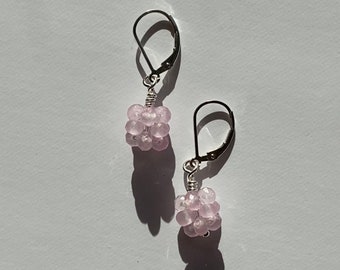 Beaded Hoops Earring, Pink Jade Sterling Silver Earrings, Sterling Silver Hoops, Handmade in UK, Gift for her