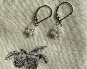 Daisy Flower Sterling Silver Earrings, Lever Back Hoops, Gift for her, Handmade in UK