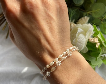 Freshwater Pearl Bracelet, Anklet, Necklace, Beaded Daisy Flower Bracelet, Gift For Her, Friendship Bracelet, Handmade in UK