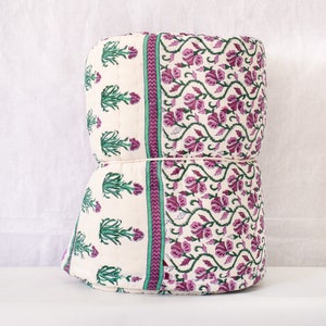 Handmade Cal King Size Quilt/Purple Green floral Blanket/Block Print King Blanket/Hand Stitched Bohemian King Quilt/Pure Cotton King Blanket