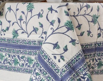 Verde descolorido, mantel rectangular azul, cubierta de mesa de comedor, mantel floral de algodón impreso en bloque indio, mantel francés, decoración boho