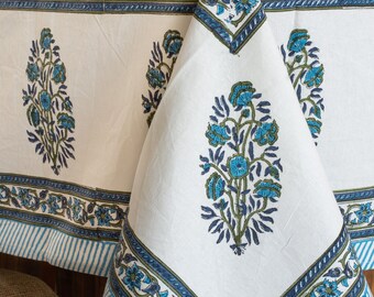 Mantel rectangular de diseño floral azul, mantel impreso en bloque, cubierta de mesa de algodón boho, cubierta de mesa de comedor, eventos de boda en granja