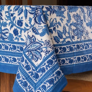 Sky Blue, White Floral Design Cotton Tablecloth, Block Printed Cotton Table Cover, Rectangle Tablecloth, Halloween Party Tablecloth Linen